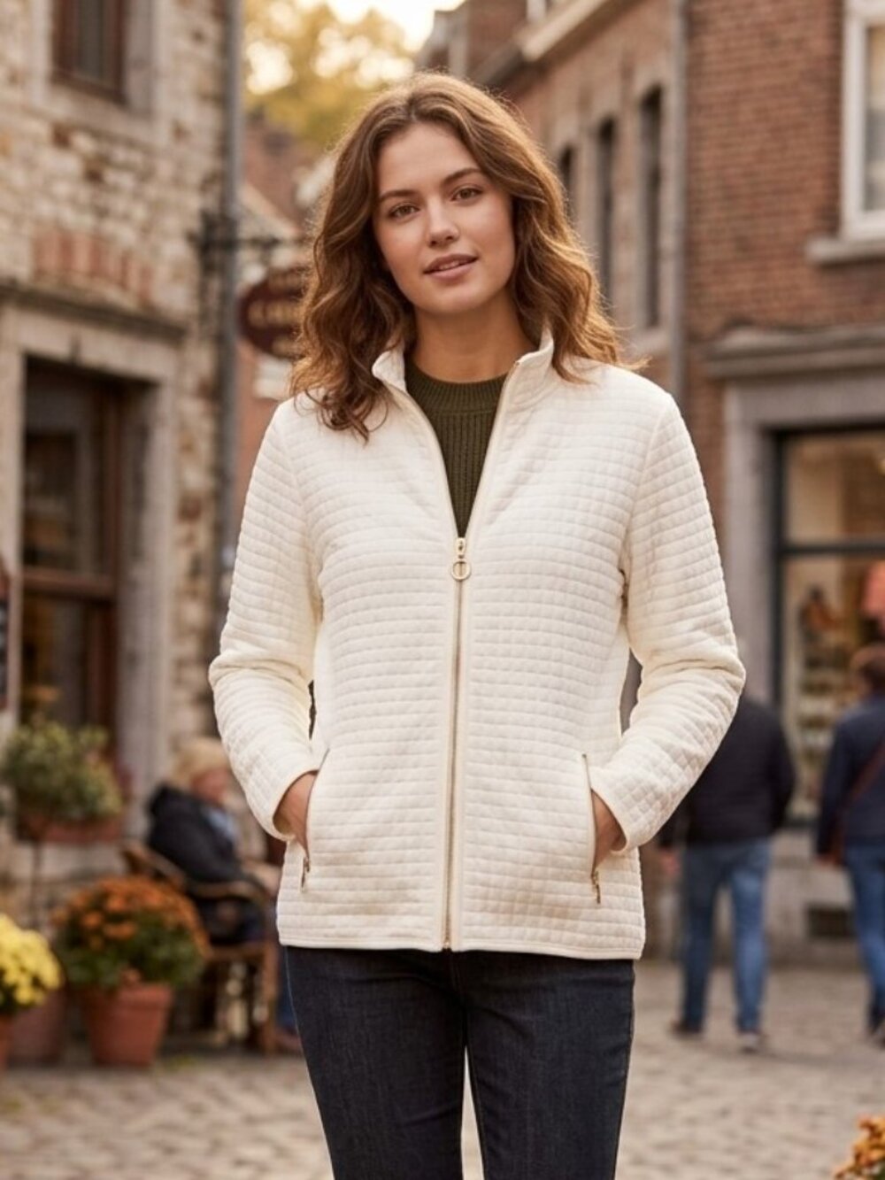 Quilted Zip Front Jacket Ivory Large